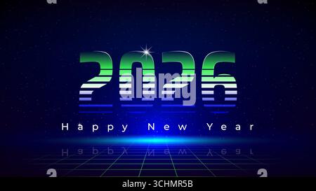 Felice anno nuovo 2026, 26. Biglietto di auguri di Capodanno. Design tecnologico retrò futuristico in stile anni '80. Colore neon. Numeri verdi e blu 2026, cielo stellato Illustrazione Vettoriale