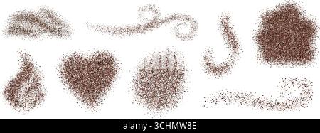 Granuli di caffè marrone e polvere di cannella. Illustrazione vettoriale di fagioli macinati e particelle di polvere. Illustrazione Vettoriale