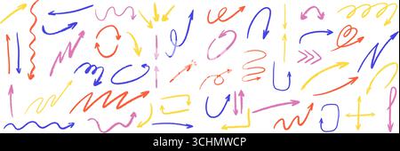 Frecce pastello colorate. Set di scarabocchi disegnati a mano con tratti curvi, ondulati, a spirale e di schizzo. Illustrazione Vettoriale