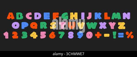 Alfabeto e numeri colorati del pastello con cera testurizzata in stile pastello. Font per bambini divertenti disegnati a mano su sfondo scuro. Illustrazione Vettoriale
