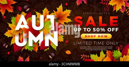 Design autunnale con foglie cadenti e scritte su sfondo chiaro. Illustrazione vettoriale autunnale con offerta speciale di elementi tipografici per Illustrazione Vettoriale