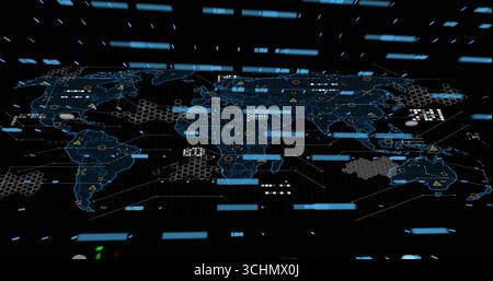 Visualizzazione della mappa del mondo stilizzata sulla console delle linee della griglia, con strisce HUD blu e icone di avvertenza Foto Stock