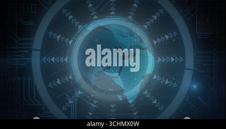 Visualizzazione del globo olografico di terra nel cruscotto dati, con anelli e frecce sulle linee del circuito stampato Foto Stock