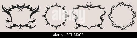 Cornice decorativa gotica con ornamenti tribali e silhouette nere su sfondo chiaro per tatuaggi o disegni medievali. Bordi curvi netti con elementi di fiamma. Decorazioni fantasiose. Illustrazione Vettoriale