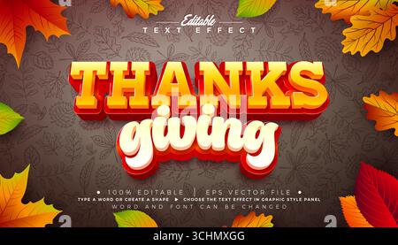 Design effetto testo modificabile per il giorno del Ringraziamento con foglie autunnali e caratteri tipografici stile grafico con ombra su doodle disegnato a mano Illustrazione Vettoriale