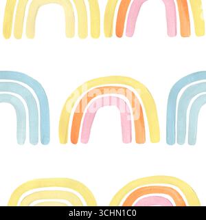 Motivo senza cuciture arcobaleno colorato ad acquerello, delicata stampa arcobaleni dipinta a mano, carta per bambini a ripetizione Foto Stock