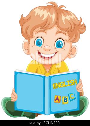 Vettore cartoni animati di allegro ragazzo che legge un libro alfabetico inglese, seduto a gambe incrociate, colorato e pulito. Illustrazione Vettoriale