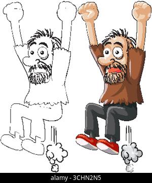 Uomo dei cartoni animati che salta a sorpresa, braccia alzate, faccia espressiva. Include le versioni colorate e di contorno. Illustrazione Vettoriale