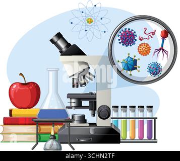 Vettoriale colorato di microscopio, vetreria da laboratorio, libri e virus in stile scientifico piatto. Illustrazione Vettoriale