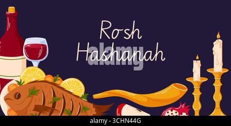 Rosh Hashanah striscione di auguri natalizi con messaggio festivo. Shofar, pesce, bottiglia di vino per bambini e bicchiere, candela Illustrazione Vettoriale