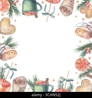 Cornice quadrata con cibo natalizio: stollen, VIN brulé, mele al caramello, mandorle. Illustrazione ad acquerello dipinta a mano isolata su bianco per le carte Foto Stock