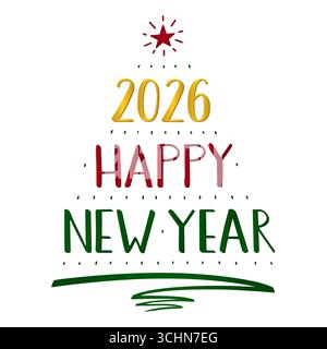 2026 Happy New Year scritte a mano, moderna calligrafia con inchiostro a spazzola. Un albero di Natale è composto da numeri, testo, penne e stelle. Illustrazione Vettoriale