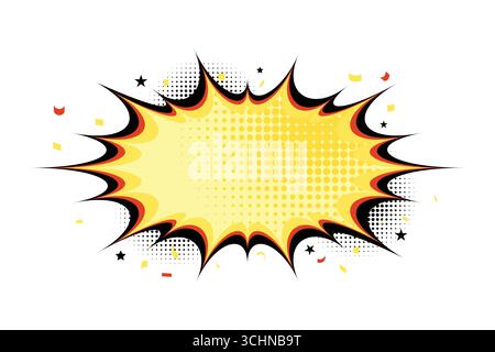 Finestra di dialogo Comic Burst. Bolla di discorso sull'esplosione dei fumetti. Adesivo giallo e rosso per fumetti pop art. Mongolfiera di comunicazione pop art alla moda. Anime Illustrazione Vettoriale