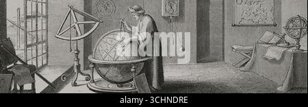 Jean Richer (1630-1696). Astronomo francese dell'Osservatorio di Parigi. Fu il primo scienziato ad osservare che la forza gravitazionale non era identica in tutti i punti della Terra. Osservazioni astronomiche e gravimetriche dall'isola di Cayenne (Guyana francese), dove Jean Ritcher fu inviato dall'Accademia francese delle scienze nel 1672 per osservare Marte durante il suo perigeo. Incisione di Sébastien Leclerc (1637-1714). XVI siècle: lettres, Sciences et Arts, France 1590-1700 (XVII secolo: Lettere, scienze e arti), di Paul Lacroix. Pubblicato a Parigi da Librairie de Firmin-Didot et Cie, 1882. Foto Stock