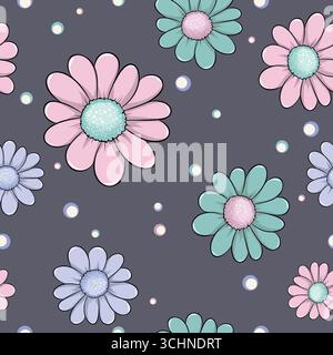 Graziosa Daisy Floral Seamless Pattern, fiori disegnati a mano con colorati pois polka Illustrazione Vettoriale