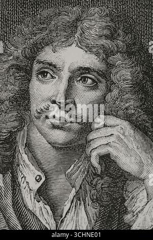 Molière (Jean-Baptiste Poquelin) (1622-1673). Drammaturgo, attore e poeta francese. Verticale. Incisione di Huyot su un dipinto di Charles-Antoine Coypel (1694-1752), inciso da Lépicié. Dettagli. XVI siècle: lettres, Sciences et Arts, France 1590-1700 (XVII secolo: Lettere, scienze e arti), di Paul Lacroix. Pubblicato a Parigi da Librairie de Firmin-Didot et Cie, 1882. Foto Stock