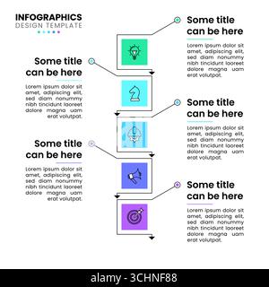 Modello infografico con icone e 5 opzioni o passaggi. Linea verticale. Può essere utilizzato per layout del flusso di lavoro, diagrammi, banner, webdesign. Illustrazione vettoriale Illustrazione Vettoriale
