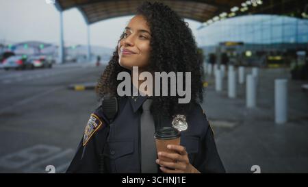 Giovane ispanica agente di polizia in uniforme sorridente e con caffè in un terminal aeroportuale all'aperto. Foto Stock
