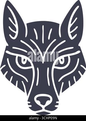Volto di lupo stilizzato con orecchie a punta e linee di pelliccia a motivi geometrici che formano un forte logo monocromatico. Illustrazione Vettoriale