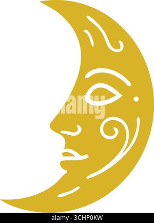 Graziosa luna crescente con un profilo umano e sottili vortici realizzati in delicate tonalità dorate. Illustrazione Vettoriale