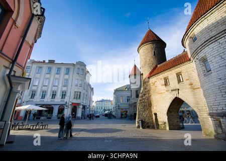 Porta Viru - affascinante e iconico ingresso alla città vecchia medievale di Tallinn, l'Estonia Foto Stock