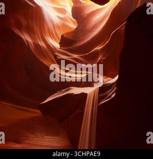 Immagine dell'Antelope Canyon superiore che mostra la formazione e gli strati nell'arenaria con un po' di sabbia che cade da una delle formazioni Foto Stock