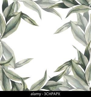 Elegante modello floreale per striscioni ad acquerello in eucalipto per tessere di matrimonio o inviti. Cornice disegnata a mano con erbe tropicali e clipa verde Foto Stock
