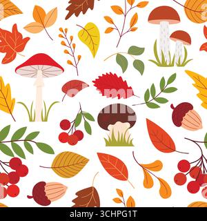 Sfondo autunnale senza cuciture con foglie, funghi, frutti di bosco e ghiande Illustrazione Vettoriale