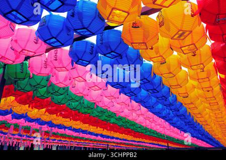 Lanterne colorate appese in primo piano, festival di illuminazione delle lanterne asiatiche, Corea del Sud Foto Stock