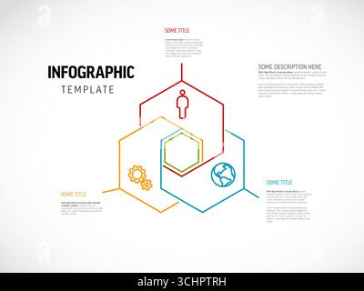 Un moderno modello esadecimale infografico con esagoni interconnessi per la visualizzazione dei dati aziendali. Questo modello infografico è perfetto per la presentazione Illustrazione Vettoriale