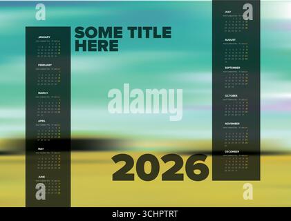 Un modello di calendario orizzontale 2026 con tutti i mesi dell'anno 2026 in due colonne scure davanti al segnaposto della foto. Basta sostituire t Illustrazione Vettoriale