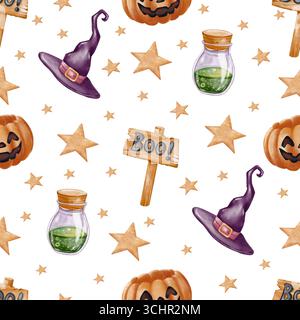 Motivo di Halloween senza cuciture con zucche, cappelli da streghe, insegne di legno, bottiglie di pozione e stelle. Stile acquerello. Ideale per le feste Foto Stock