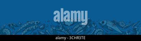 Schema dei pesci. Menu del ristorante di pesce per il mercato mediterraneo dei frutti di mare. Bordo dell'oceano con incisione dello schizzo senza cuciture. Aragosta da buongustai. Bistecca di salmone. Specialità culinarie. Granchio e tonno. Sfondo blu vettoriale Illustrazione Vettoriale