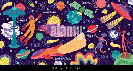 Spazio carino. Razzo Galaxy. Astronauta spaziale. Navetta aliena per bambini. Luna e stelle. Pianeti infantili. Bambini cosmici UFO. Scoperta dell'universo. Avventura cosmonauta. Adesivi per astronomia vettoriale Illustrazione Vettoriale