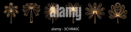 Logo Art deco. Icona del fiore di palma. Elementi floreali Boho organici con ornamento in foglie di piante. Foglie vintage moderne. Elegante fogliame simmetrico. Albero piatto d'oro. Natura astratta. Set di icone di progettazione della linea vettoriale Illustrazione Vettoriale