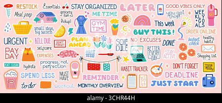 Adesivi del perno di banco. Pacchetto preventivo giornaliero per il pianificatore. Simpatico diario estivo o modello di album settimanale. Frase motivante. Nota all'ordine del giorno. Promemoria scadenza. Etichetta elenco notebook. Set di icone di progettazione vettoriale Illustrazione Vettoriale