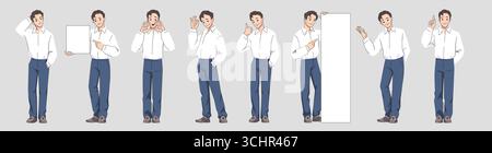Uomo in camicia. Bell'uomo d'affari. Giovane uomo in piedi in jeans. Dipendente felice che mostra un cartello. Espressioni emotive e gesti del volto. Lavoratore d'ufficio professionale. Set di pose vettoriali Illustrazione Vettoriale