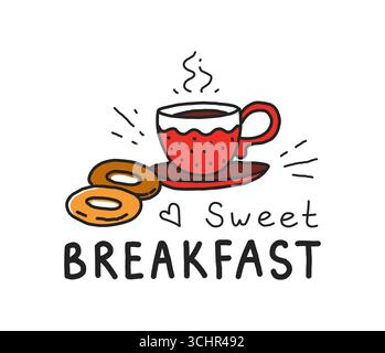 Logo tradizionale per torte. Disegno della linea della colazione dolce. Tazza da caffè con piattino. Gustosi bagel. Pasticceria fresca e bevanda calda mattutina. Bevanda a base di caffeina. Deliziosa ciambella. Modello di disegno dell'emblema di schizzo del caffè vettoriale Illustrazione Vettoriale
