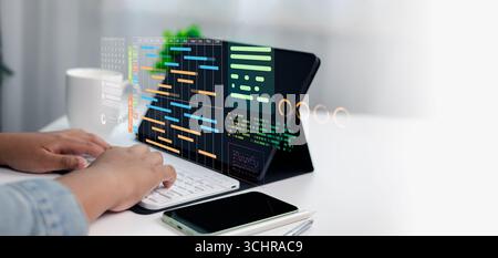 Dashboard digitale per la gestione dei progetti con grafico Gantt, cronologia e analisi dei dati aziendali su tablet per produttività, lavoro di squadra e flusso di lavoro moderno Foto Stock