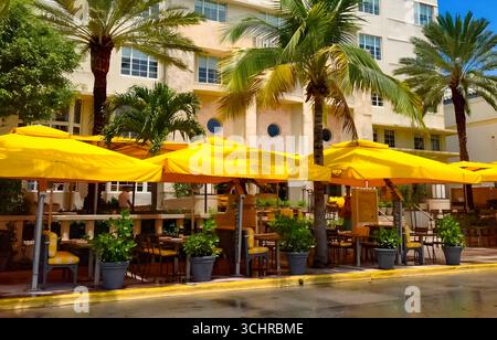 Caffetteria all'aperto con ombrelloni gialli luminosi e palme di fronte a un edificio Art Deco, probabilmente a Miami Beach, Florida. Foto Stock