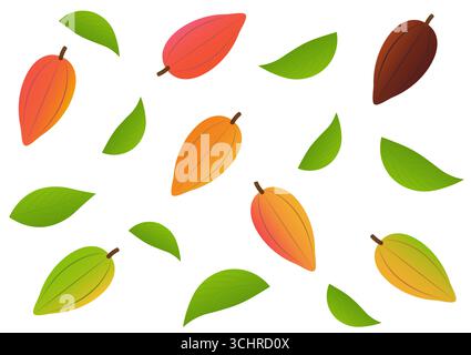 Frutta fresca di cacao con foglia, fagioli di cacao, cialda di cacao. Illustrazione vettoriale isolata su sfondo bianco. Illustrazione Vettoriale