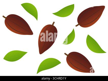 Frutta fresca di cacao con foglia, fagioli di cacao, cialda di cacao. Illustrazione vettoriale isolata su sfondo bianco. Illustrazione Vettoriale