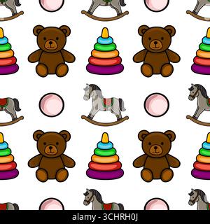 Motivo vettoriale senza cuciture con incantevoli orsacchiotti cartoni animati, cavalli a dondolo, anelli impilabili e palle rosa, creando un design divertente e colorato Illustrazione Vettoriale