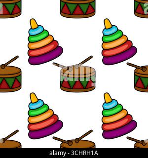 Motivo vettoriale senza cuciture con vibranti tamburi cartoni animati e anelli impilabili, ideale per prodotti per bambini o sfondi giocosi. Illustrazione Vettoriale
