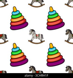 Motivo vettoriale senza cuciture con affascinanti illustrazioni di un cavallo a dondolo e un colorato giocattolo ad anello, perfetto per i prodotti per bambini o per il playfu Illustrazione Vettoriale