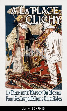 Poster litografico a colori di Eugène Grasset per pubblicizzare un negozio di mobili orientali e arredamento per la casa in Place de Clichy a Parigi. Foto Stock