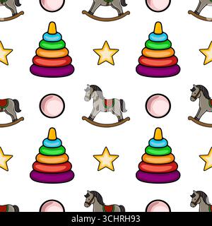 Motivo vettoriale senza cuciture con affascinanti illustrazioni cartoni animati di un cavallo a dondolo, anelli impilabili e una stella, creando un design divertente e colorato Illustrazione Vettoriale