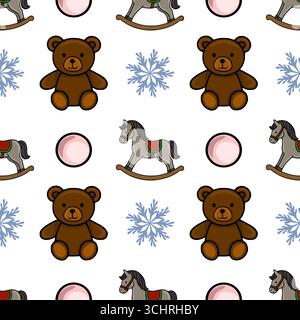 Motivo vettoriale senza cuciture con affascinanti illustrazioni di orsi peluche, cavalli a dondolo, fiocchi di neve e cerchi pastello, creando un'atmosfera stravagante e vivace Illustrazione Vettoriale