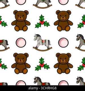 Motivo vettoriale senza cuciture con adorabili orsacchiotti, cavalli a dondolo, ramoscelli agrilli e cerchi rosa, per creare un'affascinante e festosa desi natalizia Illustrazione Vettoriale