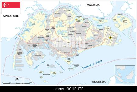 Mappa di Singapore, stato dell'isola e città-stato nel sud-est asiatico Foto Stock